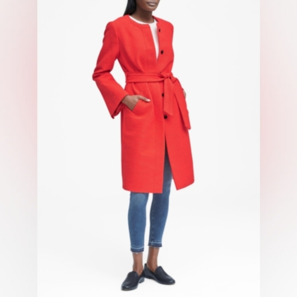 Banana Republic Textured Boucle Belted Peacoat Jacket Cayenne Red Small